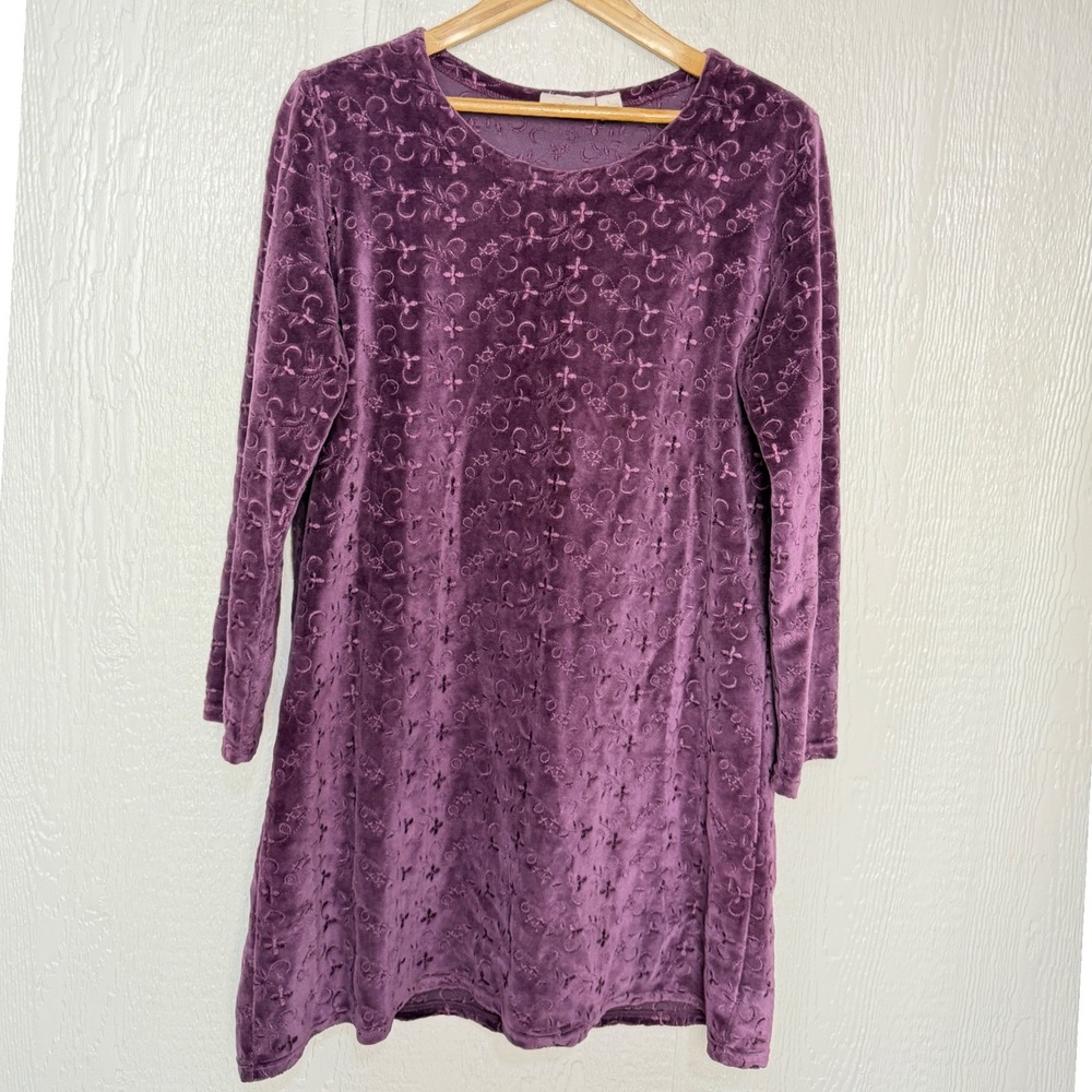 J. Jill Purple Velour Floral Embroidered Tunic Long Sleeve Mini Dress Large